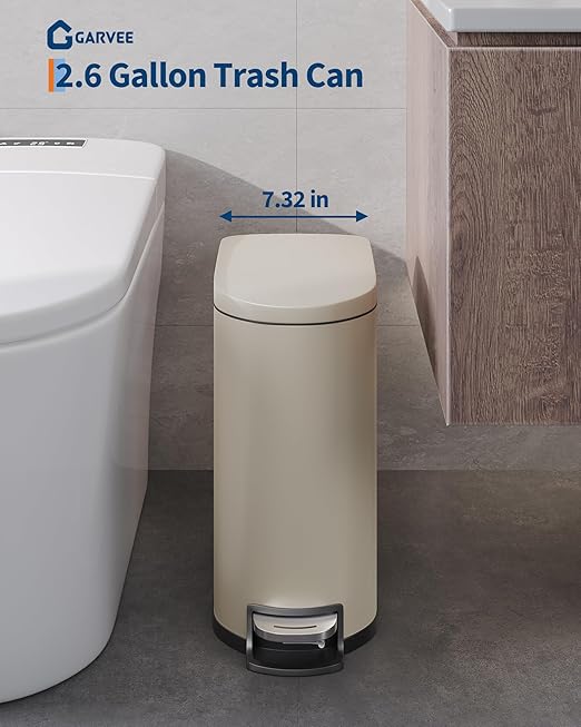 GarveeHome 2.6 Gallon Bathroom Trash Can, Space-Saving Slim Stainless Steel Step-On Garbage Bin with Soft Close Lid, Removable Inner Bucket for Bathroom & Bedroom, Sand Beige