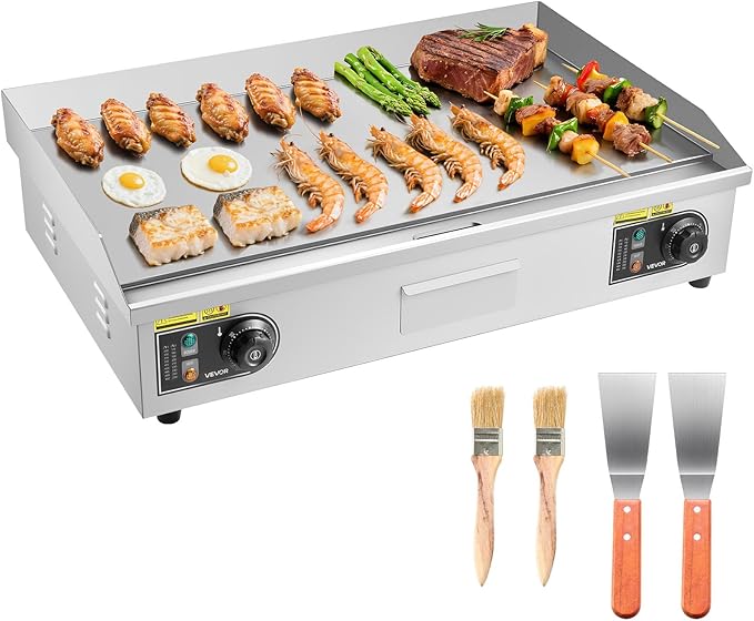 VEVOR Commercial Electric Griddle, 28.54 x 15.75 in, 2800W, 122-570°F Adjustable Temp Control, Stainless Steel Countertop Flat Top Grill with 2 Spatulas, 2 Brushes, and 4 Foot Pads, for Steak