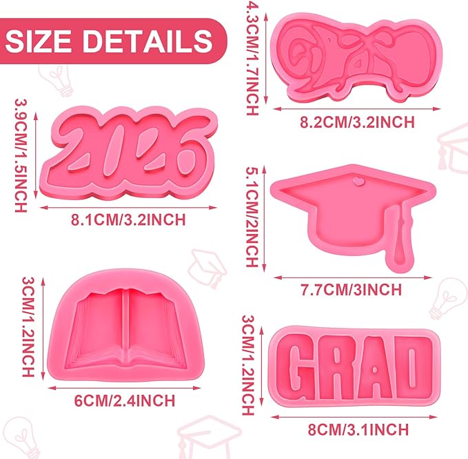 5 Pieces Silicone Graduation Mold Decorations 2026 Graduation Grad Cap Diploma Book Congrats Cupcake Toppers Silicone Baking Mold for Party Supplies