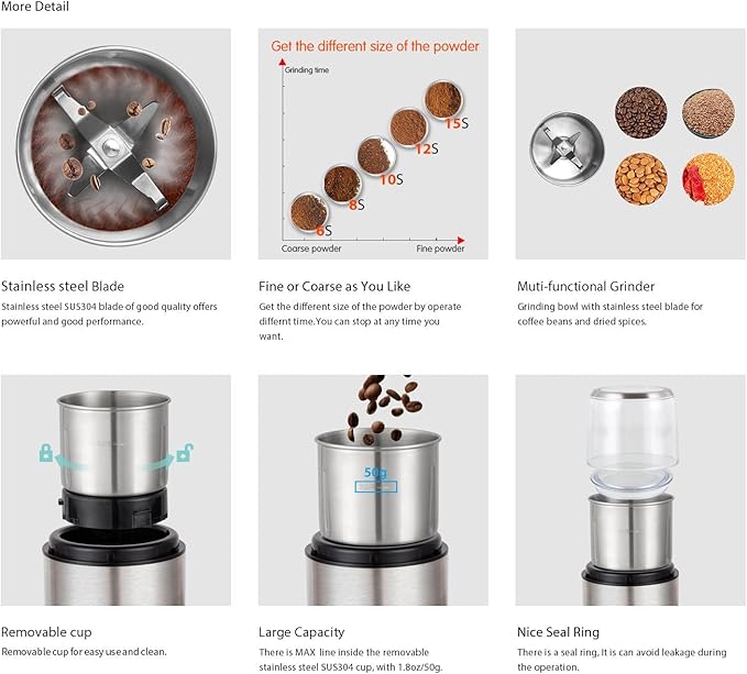 DR MILLS DM-7452 Electric Coffee Grinder,Spice Grinder Electric and Chopper,Detachable Cup, Diswash Free, Blade & Cup Made with SUS304 Stainless Steel