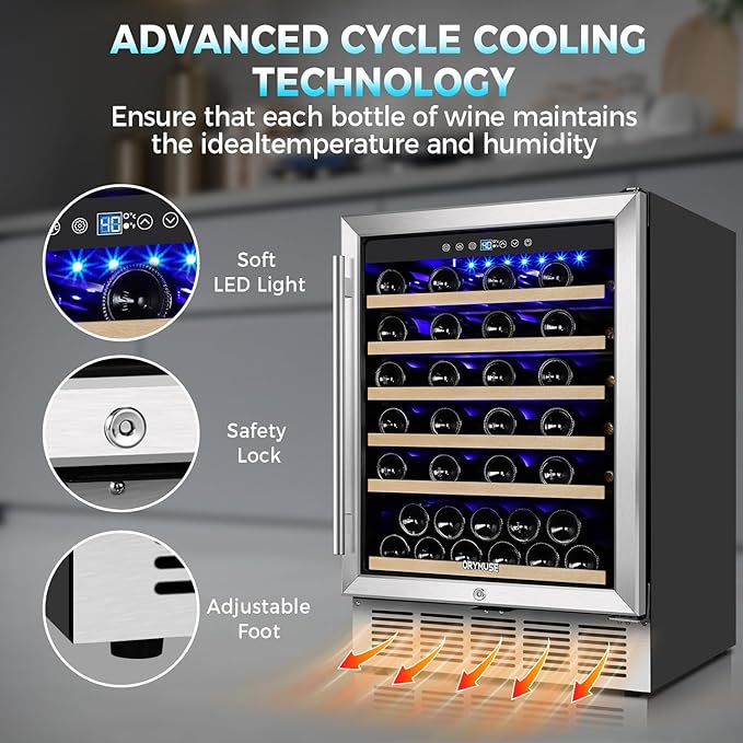 ORYMUSE 24 Inch Wine Fridge, 54 Bottle Wine Cooler Refrigerator with Stainless Steel Glass Door, LED Display, Upgraded Compressor, Built-In or Freestanding for Home Bar Kitchen