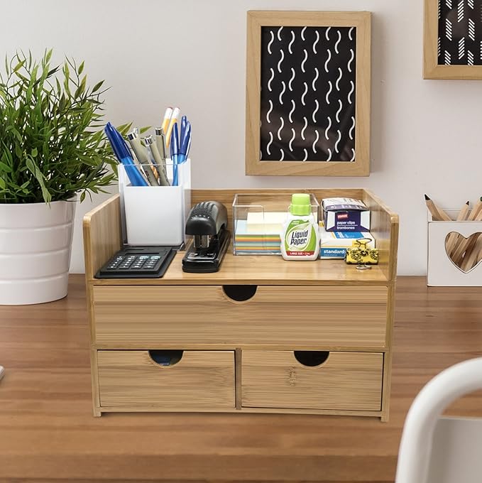 Sorbus Bamboo Desk Organizer - 3-Tier 100% Bamboo Desktop Organizers – Mini Bamboo Desk Drawer Tabletop Storage Box Countertop Organization 3 Drawers & Shelf - Office, Makeup Vanity, Fully Assembled