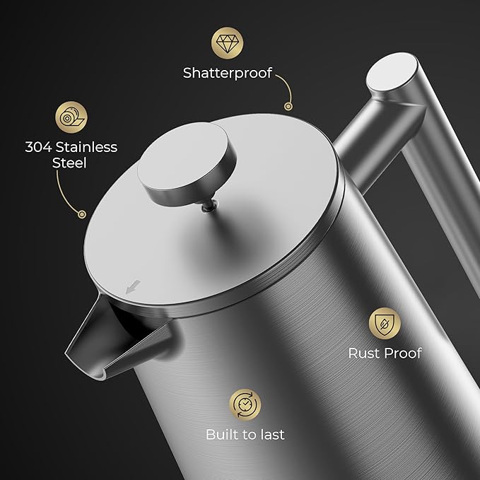 French Press Coffee Maker, Stainless Steel French Press, 34 Oz / 1L, Large Insulated Double Wall Coffee Maker with 3 Extra Mesh Filters, Satin Finish, Silver