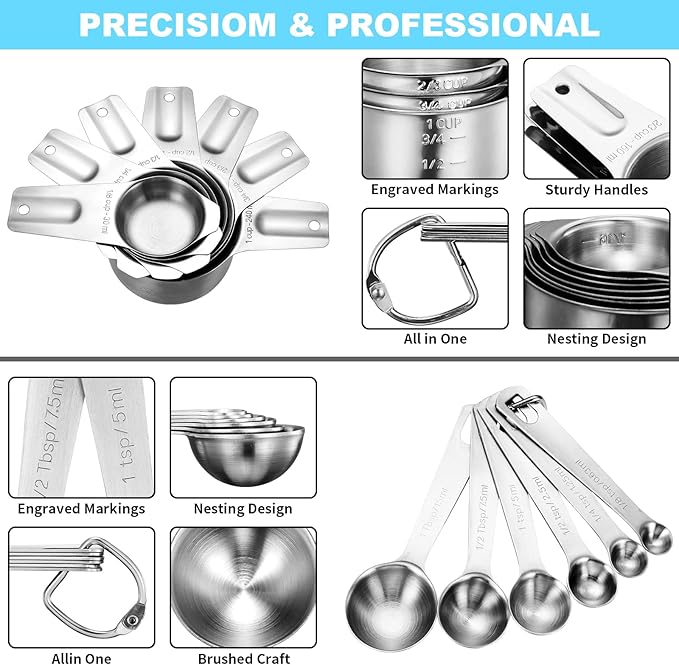 AIKEXIN 20-Piece Measuring Cups and Spoons Set, Nesting Stainless Steel Measuring Cups Spoons with Plastic Measuring Cup for Dry and Liquid Ingredients, Kitchen Cooking & Baking Gadgets