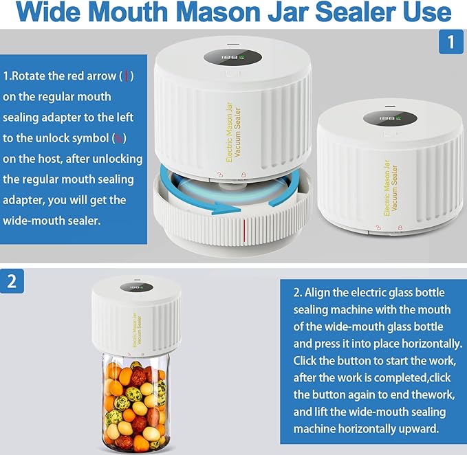 LOVE MOMENT Electric Mason Jar Vacuum Sealer Kit for Wide Mouth and Regular Mouth Mason Jar - White