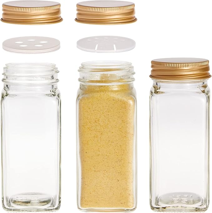 Talented Kitchen 24-Pack Glass Spice Jars - 4 Oz Square Bottles & Gold Metal Caps - Refillable Shaker & Pour Lids, 284 Preprinted Stickers - Seasoning Organizer for White & Gold Kitchen Organization