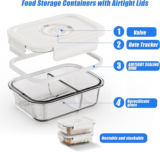 Vacuum Sealer & Food Storage Container for Food, Handheld Vacuum Pump For Glass Vacuum Storage Containers|2 compartment L [34.5 Oz-4 PACK] & 10 Reusable Food Saver Sealer Bags [8.5 Cups]