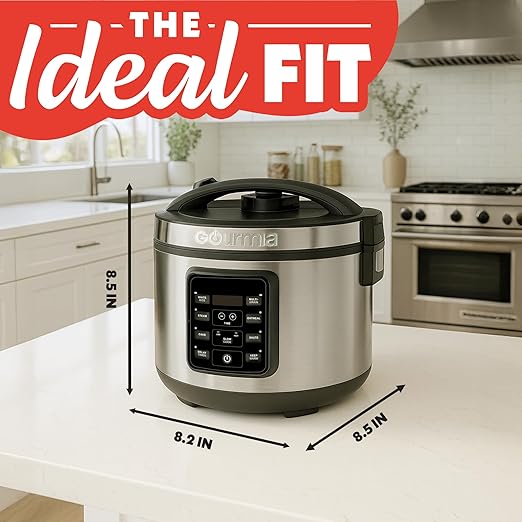 Gourmia Rice Cooker – 3 Qt Capacity, 12 Cup Cooked, 6 Cup Uncooked, Digital Controls, Grain Cooker & Steamer, Built-In Steamer Basket, Nonstick Ceramic Pot, Delay Timer, Keep Warm, Stainless Steel