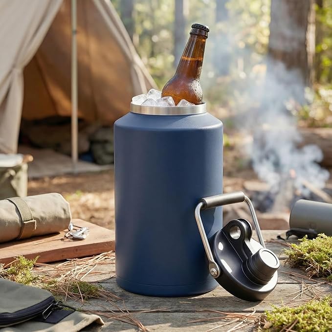 Kerilyn Insulated Gallon Jug with Handle, One Gallon, 128oz Stainless Steel, Large Double Vacuum Water Bottle for Hot & Cold Drinks, Wide Mouth, Sweat Proof, Great for Travel, Camping, Dark Blue