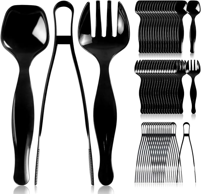 18 Count Plastic Serving Utensils Set, Disposable Serving Utensils for Catering Party Events, Including Black Plastic Spoons, Tongs and Forks (Black, 18pcs utensils)