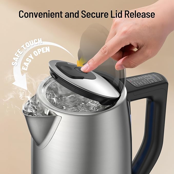 PARIS RHÔNE Electric Kettle with 6 Precise Temperature Presets, 1.7L Stainless Steel Tea Kettle for Oolong & Green Tea, 1500W Fast Boil Coffee Kettle with Strix Control & Keep Warm, Silver