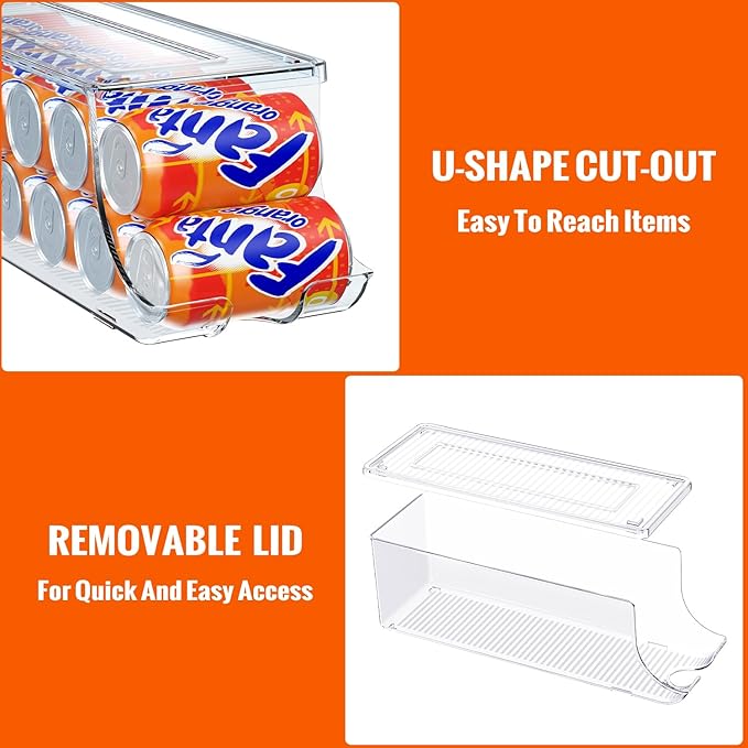 SCAVATA 2 Pack Soda Can Organizer for Refrigerator, Stackable Canned Food Pop Cans Container Can Holder Dispenser with Lid for Fridge Rack Freezer, Clear Storage Bins-Holds 12 Cans Each (Clear)
