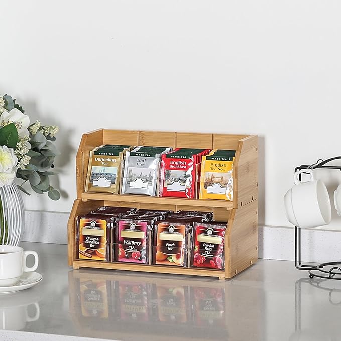 TIOPGHAD 2-Layer Stackable Bamboo Tea Bag Organizer Storage Holder & Rack - Wooden Tea Box Containers - Stand for Countertop or Cabinet