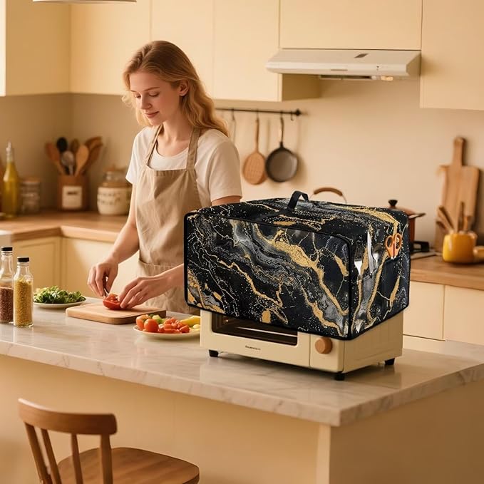 Air Fryer Toaster Oven Dust Cover Dustproof Modern Design Convection Oven Cover with Side Pockets for Small Kitchen Appliances, S, 14.5 x 18.5 x 9 Inches, Black Gold Marble