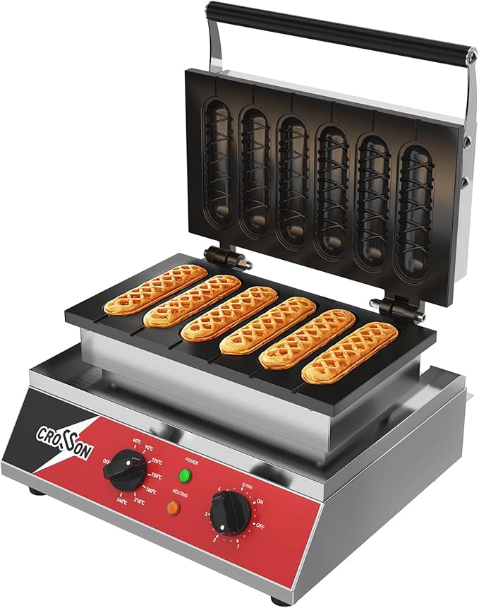 CROSSON Commercial 6PCS Waffle Stick Maker, Non-Stick Triple-Layer Coating Corn Hot Dog Waffle Iron W/ 140-480℉ Temp Range and 5 Minutes Timer, Machine for Restaurant Bakery Snack Bar-120V/1600W