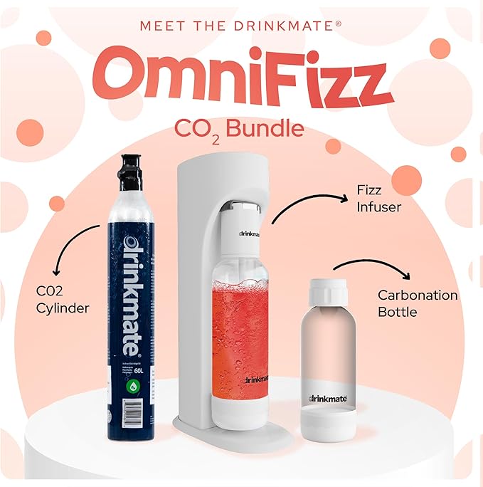 Drinkmate OmniFizz Sparkling Water Maker & Soda Streaming Machine | Carbonates Any Drink | STARTER KIT | Includes One 60L CO2 Cartridge + One BPA-Free Bottle (Classic White)