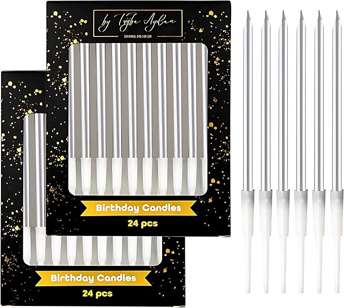 by Tugba Aydan - Silver Birthday Candles - 24 Count Long Thin Silver Birthday Candles for Cake, Metallic Cake Candle for Birthday, Party Candles