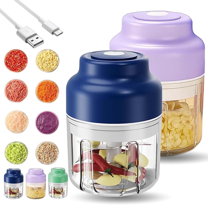 Household Electric Garlic Crusher, Electric Garlic Chopper, Mini Portable Veggie Chopper with 4/6 Stainless Steel Blades, Wireless Rechargeable Food Cutter for Garlic, Onion, Chili (2PCS-C,250ML)