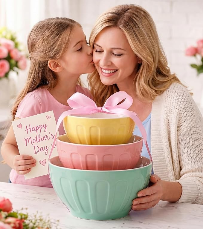 Lareina Ceramic Mixing Bowls Set of 3, Large Nesting Bowls for Serving/Baking/Prepping, Mother's Day & Housewarming/Wedding Gift, Oven/Microwave/Dishwasher Safe 3.2/1.7/1.2 Qt, Pastel Color