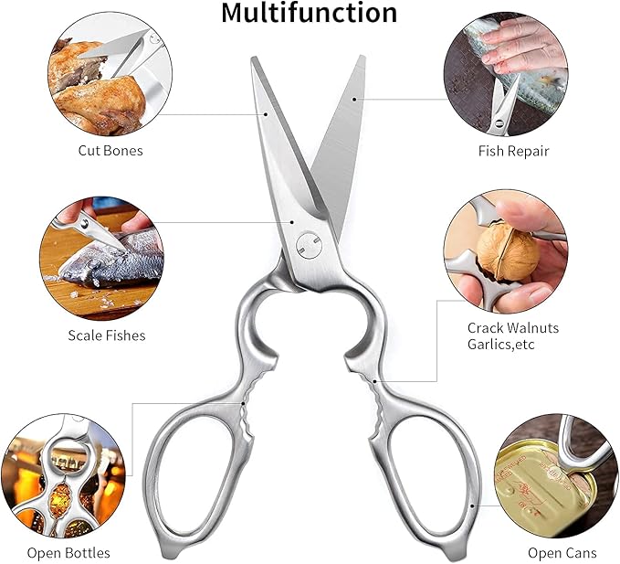 Stainless Steel Kitchen Shears Heavy Duty Full-Steel Forged Metal Scissors for Food, Professional Chef Shears Bone Cutting Meat Pizza Scissors Kitchen Utensils Come Apart, Silver