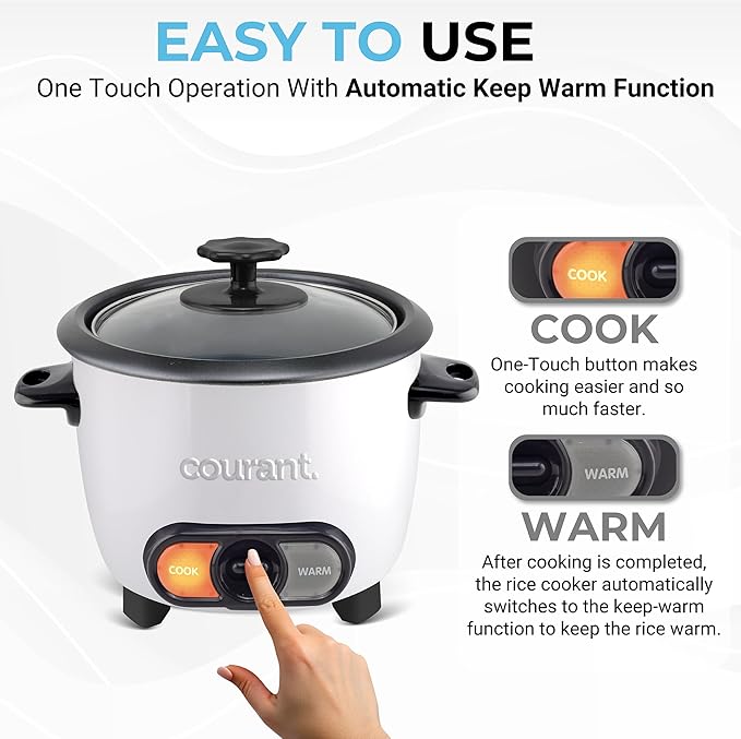 Courant Rice Cooker 8-Cup (Cooked), Removable Non-Stick Bowl, One Touch Rice Cooker, White