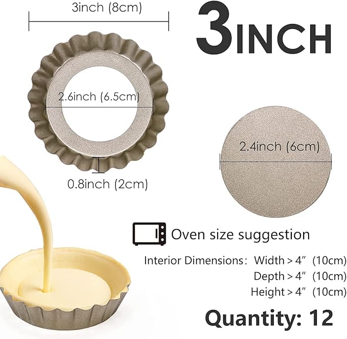12 pcs Egg Tart Molds, 3" Mini Tart Pans Removable Bottom,Cupcake Cake Muffin Mold Tin Pan Baking, Mini Non-Stick Pan Reusable Quiche Bakeware Carbon Steel for Pies Cheese Desserts, Gold
