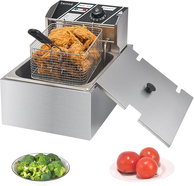 Commercial Deep Fryer with Baskets, 1700W 9.7QT/9.1L Thickened Stainless Steel Countertop Electric Oil Fryer, Large Capacity with Temperature Control (6L)