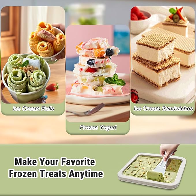 Rolled Ice Cream Maker with Lid and 2 Spatulas, SUS 304 At-Home DIY Instant Rolled Ice Cream Tray for Soft Serve, Slushies, Frozen Yogurt, Sashimi Plate, for Fun Family Activities, Parent-Child Time