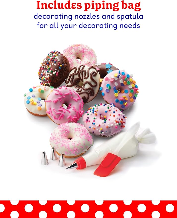 BETTY CROCKER Donut Maker, Mini Donut Maker with Nonstick Surface, Mini Donut Maker Machine with Cool Touch Handle & Makes 7 Delicious Fresh Donuts in Minutes, Red