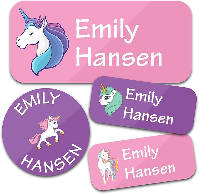 Personalized Daycare Name Labels for Kids (130 Labels) - Custom Waterproof Name Stickers for Clothing Tags, Water Bottles, Lunch Boxes and School Supplies (Unicorns)