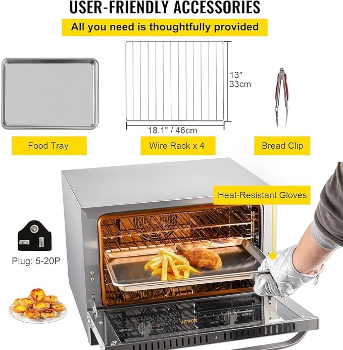 VEVOR Commercial Convection Oven, 66L/60Qt, Half-Size Conventional Oven Countertop, 1800W 4-Tier Toaster w/Front Glass Door, w/Trays Wire Racks Clip Gloves, 120V
