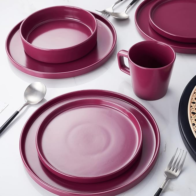 Stone Lain Cleo Stoneware 32-piece Round Dinnerware Set, Magenta,Service For 8,Coupe - Celina