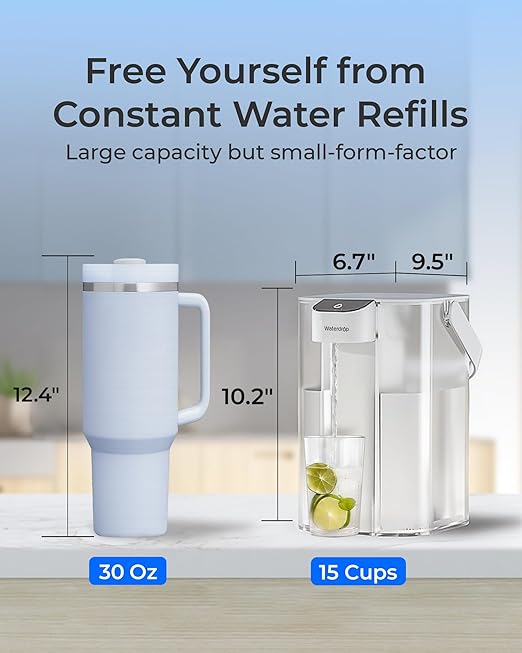 Waterdrop EDC01W Electric Water Filter Pitcher, 98% Chloramine Reduction, Rechargeable Water Dispenser, Instant 200-Gallon 15-Cup Countertop Purifier, NSF/ANSI 42, Reduce PFOA/PFOS, Lead, White