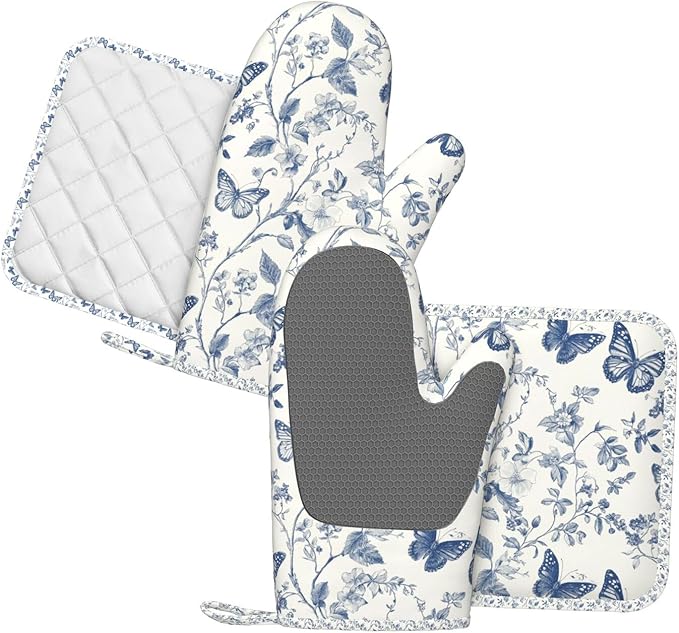 Oven Mitts and Pot Holders Butterfly Flower Vintage Blue Silicone Kitchen Accessories Set of 4 Heat Resistant Long Gloves Potholder Non-Slip Grip for Chef Cooking Baking Grilling BBQ