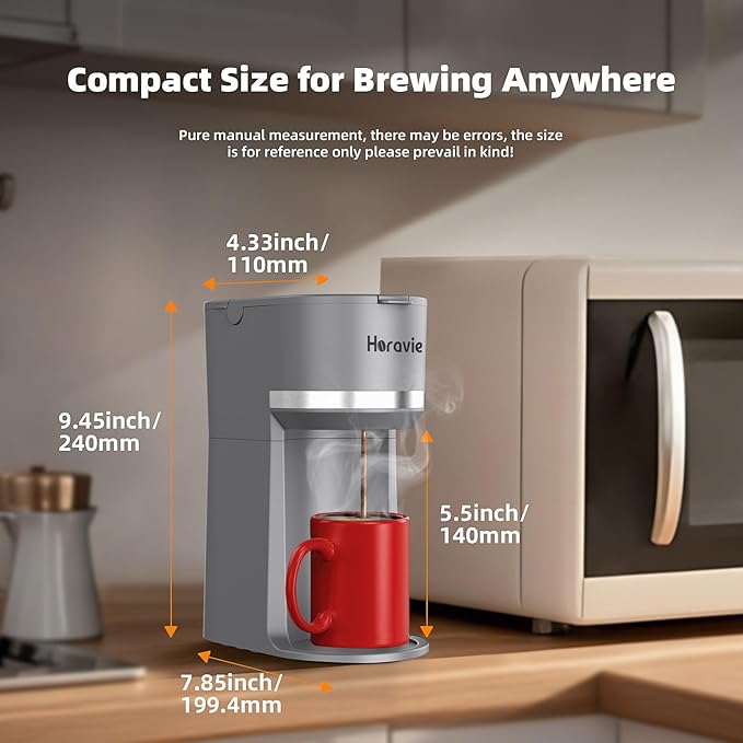 Horavie Mini Single Serve Coffee Maker for K Cup Pods and Ground Coffee, Fast Brew One Cup Coffee Machine with Descaling Reminder and Water Window, 6 to 12 oz. Brew Sizes, Gray