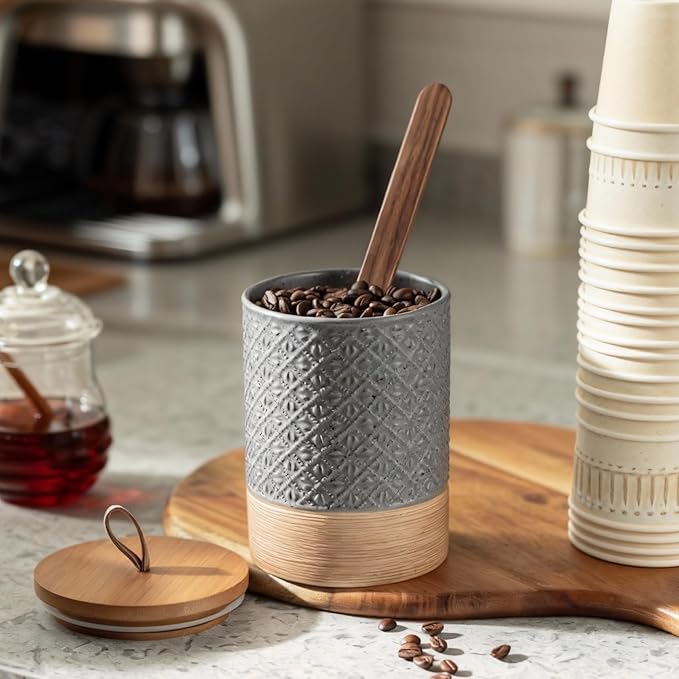 Miamolo Coffee Container Jar with Lid, Ceramic Food Storage Jars for Spice Sugar Cookie, Large Kitchen Canisters for Countertop Coffee Bar Accessories Housewarming Weeding Gift - Gray & 28 fl.oz