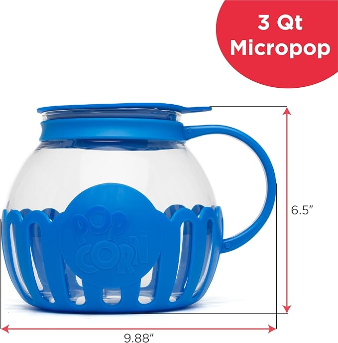 Ecolution Patented Micro-Pop Microwave Popcorn Popper with Temperature Safe Glass,3-in-1 Lid Measures Kernels and Melts Butter,Made Without BPA,Dishwasher Safe,3-Quart,Blue,(Pack of 4)
