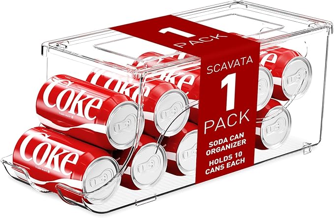 SCAVATA Stackable Refrigerator Organizer, Soda Can Dispenser Pop Cans Container Beverage Holder with Lid for Fridge, Freezer, Kitchen, Clear Plastic Storage Bins-Holds 10 Cans Each (One)