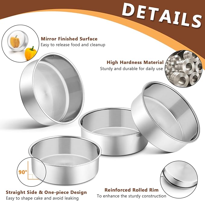 P&P CHEF Cake Pan Set of 4, Stainless Steel Baking Round Cake Pans Tins Bakeware for Birthday Wedding, Leak-proof & Easy Clean, Mirror Finish & Easy Releasing, 6 Inch