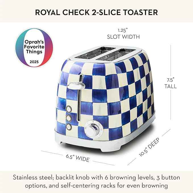 MACKENZIE-CHILDS 2-Slice Toaster, Decorative Toaster for Kitchen, Blue-and-White Royal Check