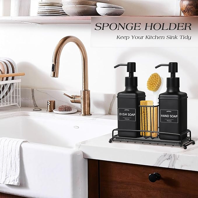 VIMERPA Dish Soap Dispenser with Adjustable Sponge Holder, 10 fl oz Kitchen Hand and Dish Soap Dispenser Set, Matte Black Bottle and Vintage Design