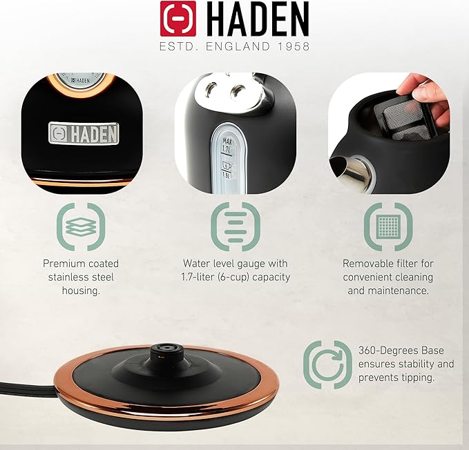 Haden Dorset 1.7 Liter Stainless Steel Electric Kettle with 360-Degree Base Bundled with 2 Slice Wide Slot Stainless Steel Toaster, Black & Copper