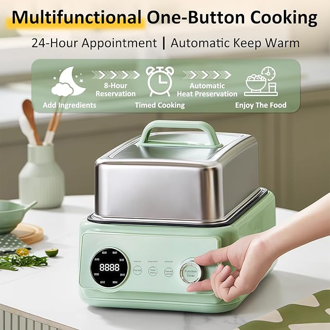 15.9QT Electric Food Steamer, 3 Tier Food Steamer for Cooking, 1200W Stainless Steel Steamer, Large Capacity Hot Pot, 9 Time Settings, for Home, Restaurant, Party (Green)