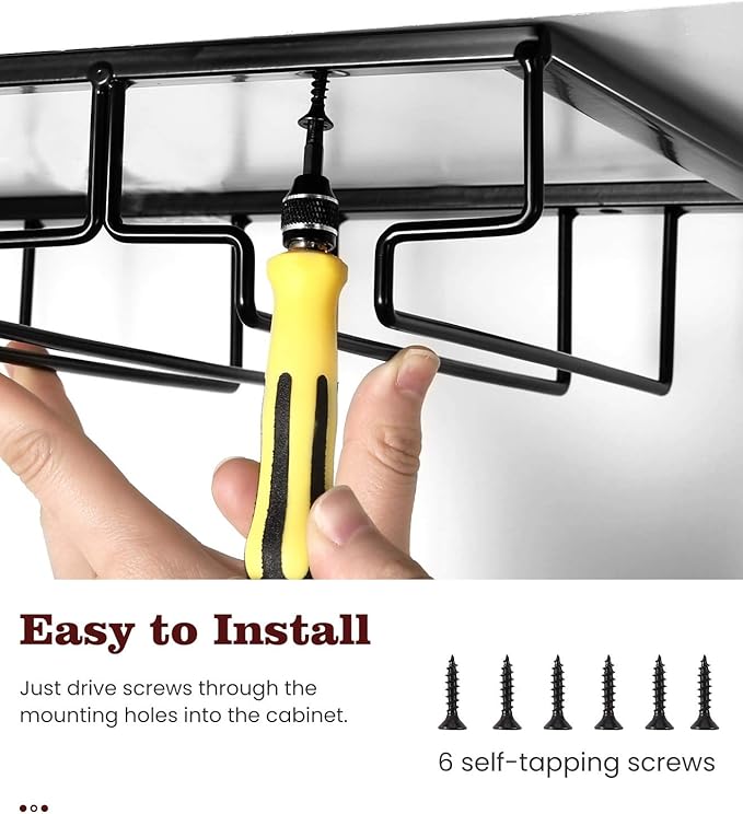Nuovoware Wine Glass Rack, 4 Rows Wine Glass Holder Storage Hanger Metal Organizer Under Cabinet Stemware Rack for Bar Kitchen Cabinet, Black