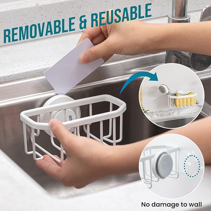 TAILI Sponge Holder for Kitchen Sink with Strong Suction Cup Removable, Rustproof Aluminum Sink Caddy for Sponge, Brush, Scrubber, Scraper White