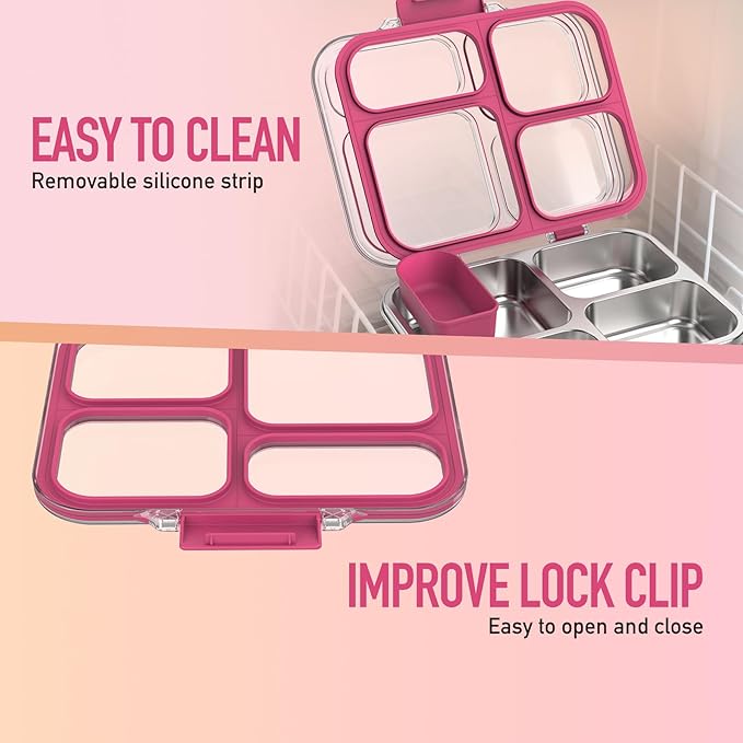 Stainless Steel Bento Box for Kids with Silicone Container, 4 Compartment Metal Lunch Box Kids Adults, Removable Silicone Seal & Clear Lid, Leak Proof Food Storage Container for Meal(Pink)