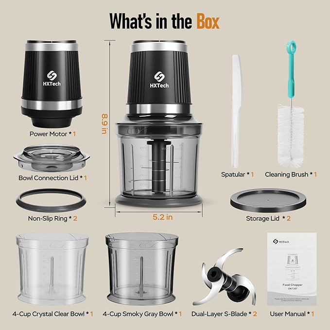 Food Processor 4 Cup: Mini Electric Food Chopper with 2 Bowls, Small Meat Grinder with 2 Speed & 4 Blades for Vegetable, Meat, Nuts, Functions for Chopping, Dicing, Mixing and Puree-Gray