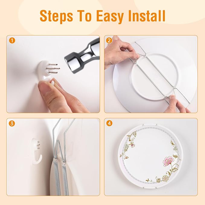 Plate Hangers for The Wall, Suitable for 12-16 inch Decorative Plate, Stainless Steel Wire Plate Holder with Wall Hooks and Rubber tip Protectors, Plate Hangers for Displaying Plates, Platter, Silver