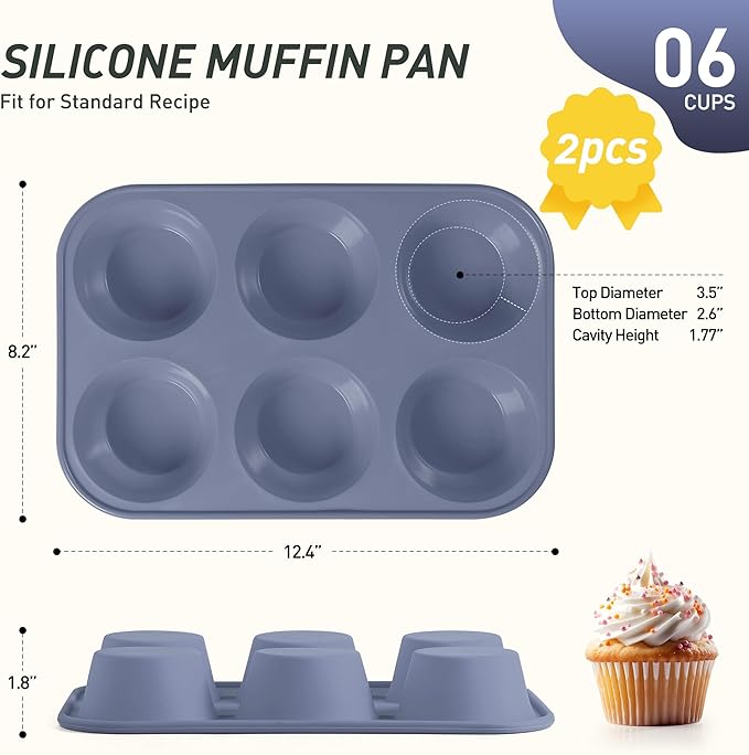 Socisen 2 Pack 6 Cups Jumbo Muffin Pan with Metal Reinforced Frame Silicone Molds Egg Bites Silicone Circle Cookie Molds Extra Large Muffin Tin Jumbo Tart Pans Baking Sheet Set for Sandwiches