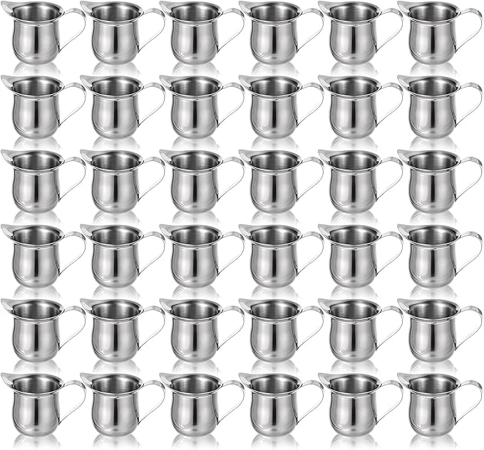 Molain 36 Pcs Stainless Steel Bell Creamers, 3 oz Mini Creamer Pitcher with Handle and Pouring Spout Cup Container for Serving Milk Coffee Salad Dressing Maple Syrup Espresso Machine Restaurant Cafes